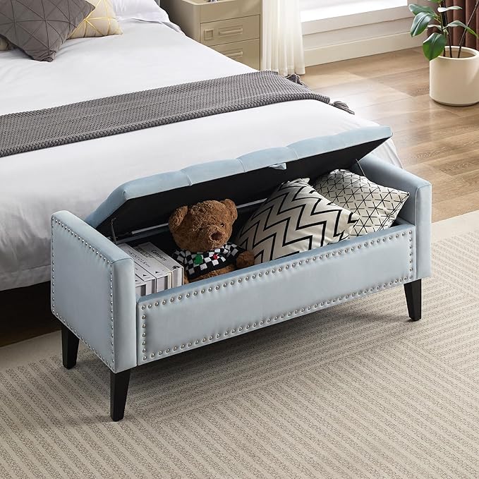 WUTUTUEE 47" Velvet Storage Bench, Upholstered Bed Bench with Storage, End of Bed Ottoman with Wooden Legs,Bedside Storage Bench for Bedroom, Living Room, or Entryway, Blue Grey