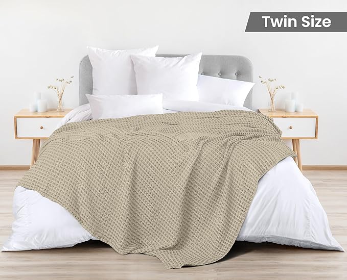 Utopia Bedding 100% Cotton Waffle Weave Blanket Twin Size for Bed - Lightweight, Breathable Summer Blankets for Couch Sofa Soft and Cozy, Gift for Mother’s Day Home Decor (Khaki, 90x72 Inch)