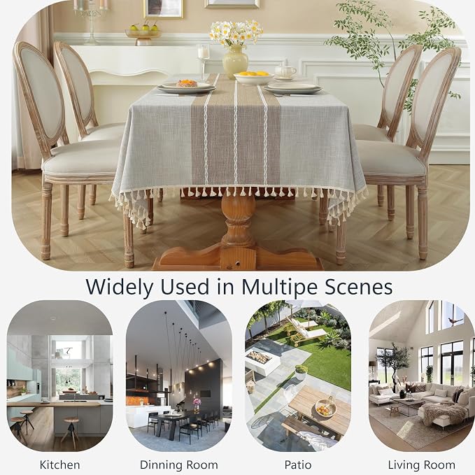 Alsoo Table Cloth Rectangle Table Rustic Waterproof Tablecloth Cotton Linen Wrinkle Free Spring TableCloths for Parties, Kitchen Dining, Holiday, Outdoor (Coffee Lines, 8-10 Seats, 55"x106")