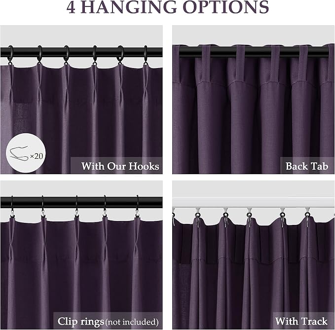 Aersas Plum Pinch Pleated Linen Curtains 63 Inch Length 2 Panels for Living Room Bedroom Semi Sheer Window Curtain Boho Neutral Back Tab Pinch Pleat Drape with Hooks 40x63