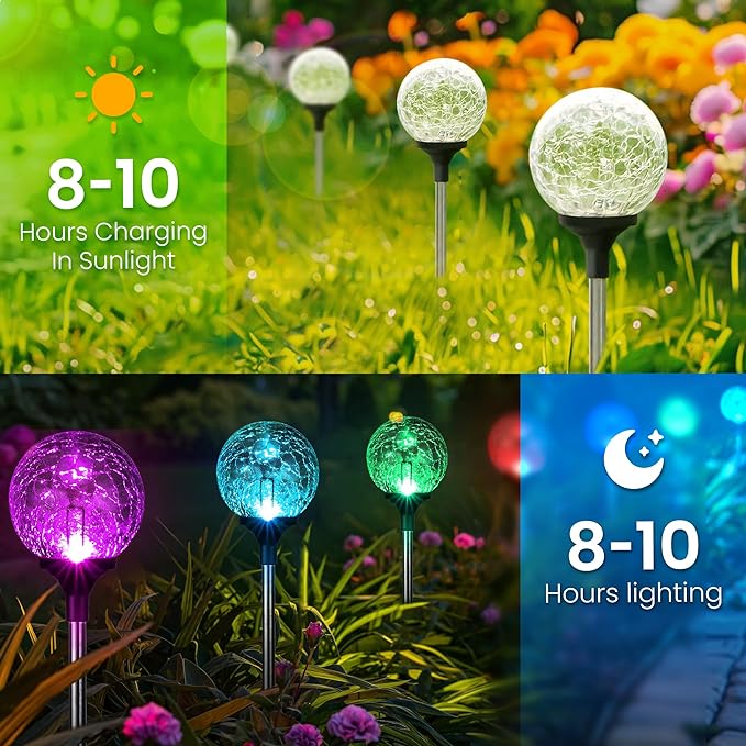 GIGALUMI Solar Garden Lights 6 Pack, Solar Lights Outdoor Decorative Waterproof, Outdoor Solar Lights for Yard Decorations, Multi-Colored Changing Garden Globe Cracked Glass Ball with LED Lights