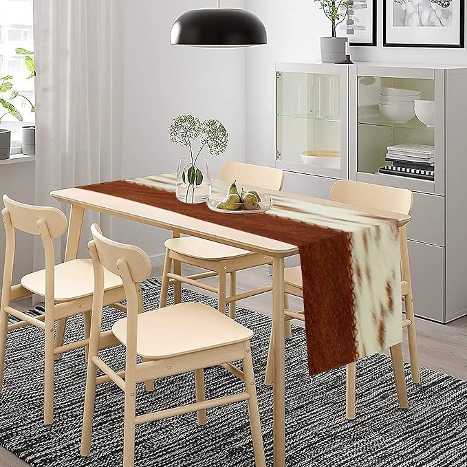 Cow Print Table Runner, Brown White Cowhide Print Western Style Table Runner Country Farmhouse Cottage Cow Patten Table Decoration for Home Kitchen Dining 13x108 Inch