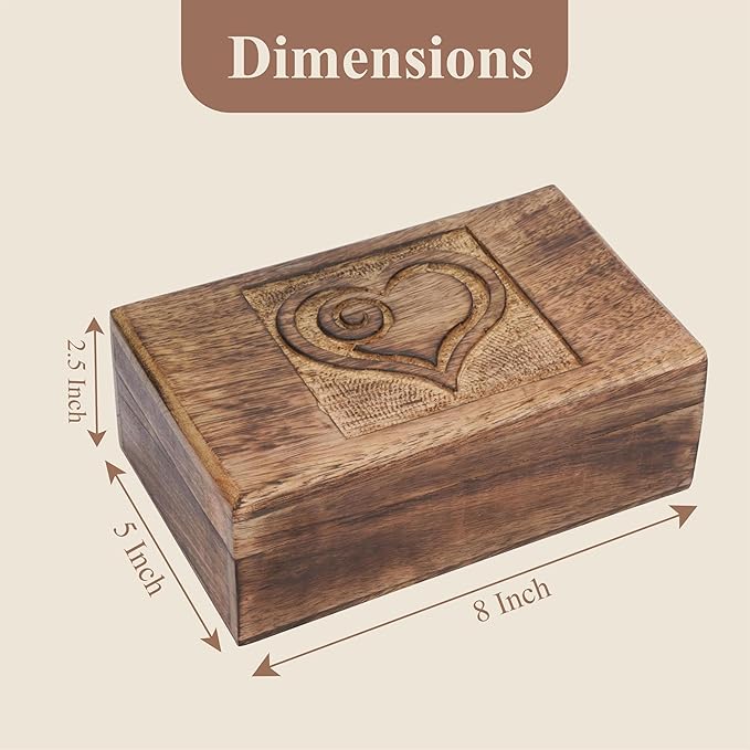 Ajuny Wooden Decorative Jewelry Box with Heart Design Carving - Multipurpose Treasure Chest Storage Keepsake Box Necklaces Watch Organizer Boxes Birthday Gifts for Women & Men 8x5 Inch