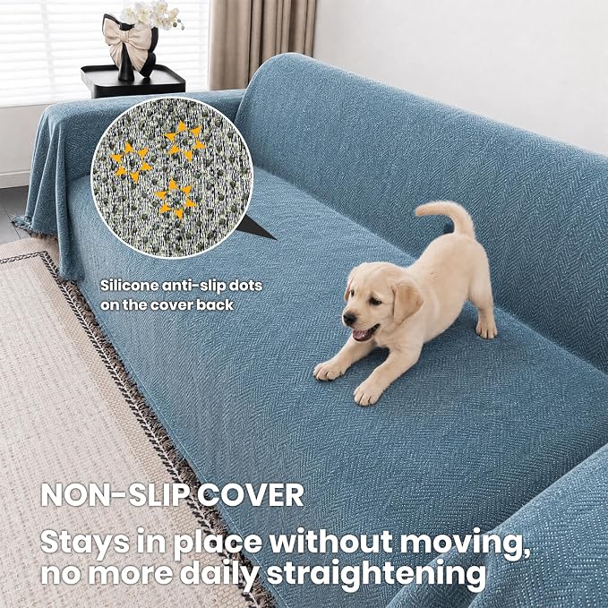 Chenille Couch Cover for Sofa Non Slip Cover Washable Pet Scratch Couch Covers Tassel Sofa Slipcover for 3 Cushion Couch Furniture Protector Blanket for Living Room,Stone Blue 91"x134"