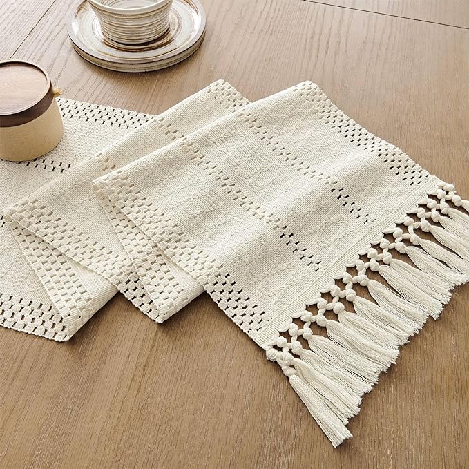 ZeeMart Macrame Style Boho Table Runner, Ivory Table Runners 108 Inches Long, Farmhouse Woven Home Decor, 12x108 Inch (12x116 Tassel Included), Ivory