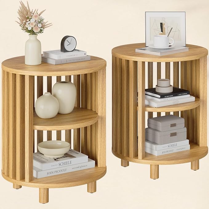 Round End Table, Wood Bedside Table, Mid Century Modern Nightstand with Open Storage Shelf, 3 Tier Small Side Tables for Living Room, Bedroom, Curved Profile Design, Natural Oak(2-Pack)