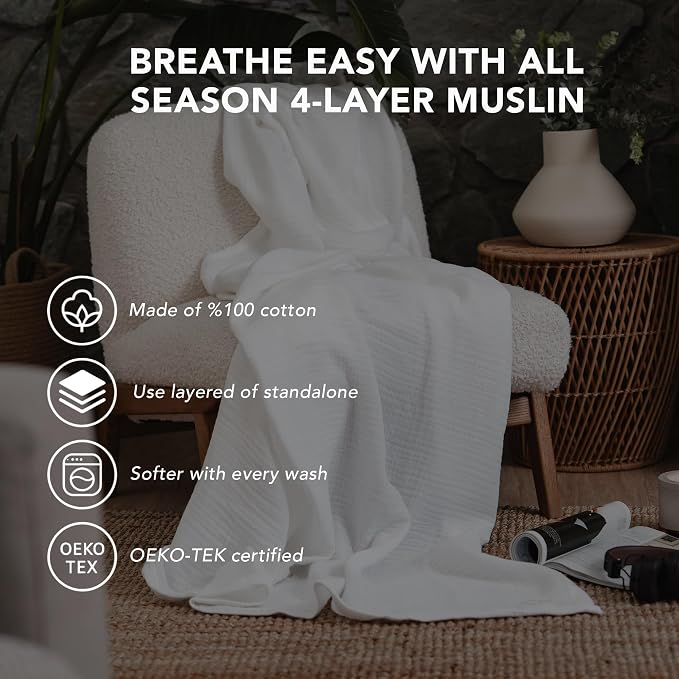 Goqan Muslin Blanket Queen 79x90 – 100% Turkish Cotton 4 Layer Boho Muslin Blanket for Adults, Four Season, Lightweight and Thin, Soft, Breathable for Bed - White