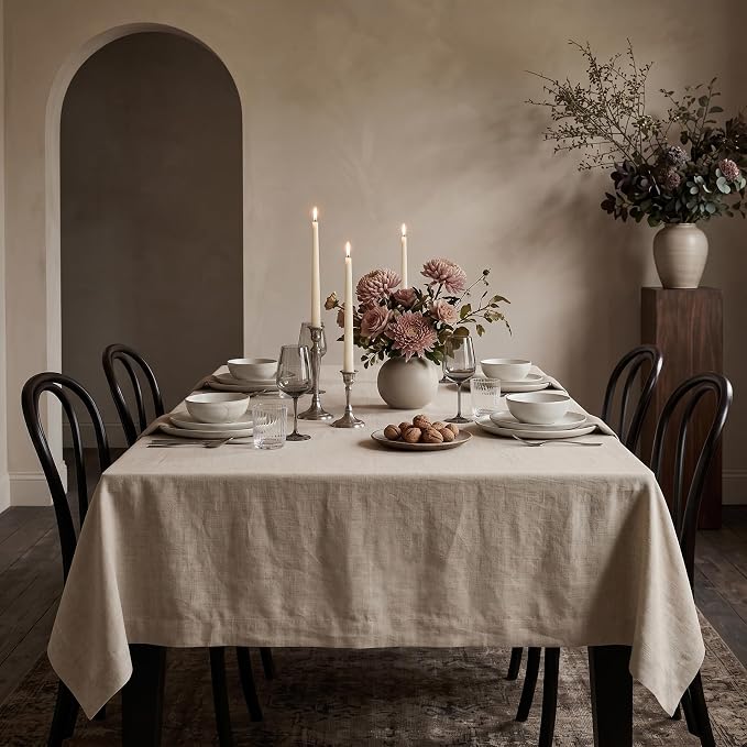 Solino Home Linen Natural Tablecloth 60 x 108 Inch - 100% Pure Linen Rectangular Tablecloth - Machine Washable Table Cloth for Summer - Fete