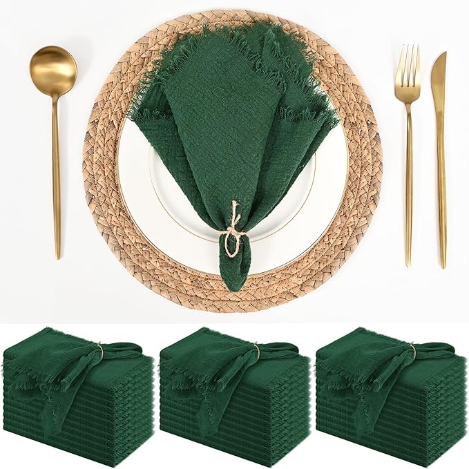 36 Pack Dark Green Handmade Cloth Napkins 12 x 12 Inch Cotton Linen Napkins with Fringe, Washable and Reusable Napkins, Soft Rustic Boho Fringe Cloth Napkins for Dinners,Parties, Wedding