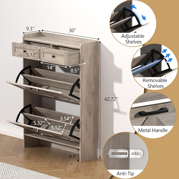 Thacuok Shoe Cabinet with 2 Flip Drawers & 2 Storage Drawers, Rustic Farmhouse Narrow Shoe Organizer Cabinet, Slim Shoe Rack Cabinet, Shoe Storage Cabinet for Entryway, Hallway