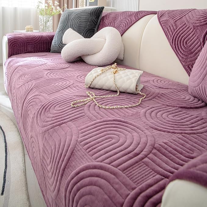 Soft Plush Geometric Quilted Couch Sofa Cover Boho Non Slip Fuzzy Sectional Couch Cover Solid Color Washable Sofa Slipcover Furniture Protector for Kids Dogs Cats (Purple,36"x70")