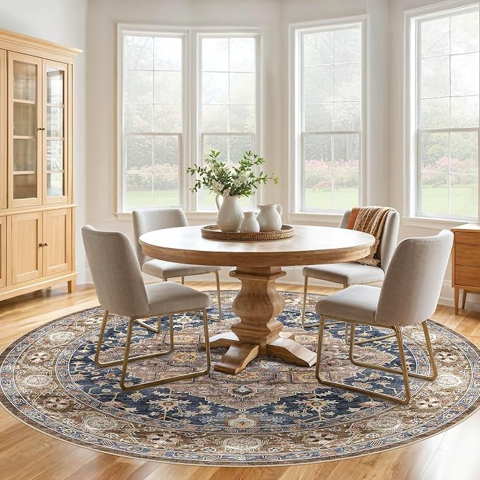 Round Rug Living Room Rugs: 7x7 Washable Boho Neutral Large Circle Soft Indoor Floral Stain Resistant Floor Farmhouse Carpet for Bedroom Nursery Kids Playroom Office Dining Room Dorm- Yellow Blue