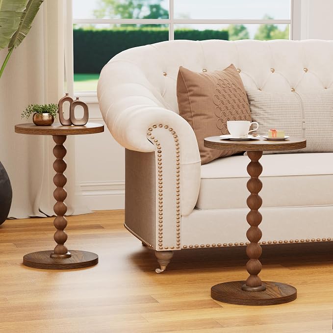 Round Side Table, Drink Table for Small Spaces, Modern Accent Nightstand with Rubberwood Leg for Living Room, Bedroom, Corners, and Office, Set of 2 (Brown)
