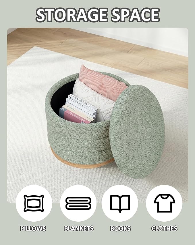 PINPLUS Chenille Folding Ottoman Footstool, Round Storage Ottoman, Soft Fabric, 330 lbs Load Capacity, Large Ottoman for Living Room, Bedroom, Dorm, Green Colors