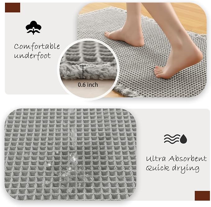 DWCN Waffle Bathroom Mat Set, Super Absorbent Non Slip Bath Rug Set for Bathroom Floor, Shower Mats 2 Pcs for Tub, Washable Kitchen Rugs for Farmhouse Boho Home Decor, 24 x 16 Inch, Grey