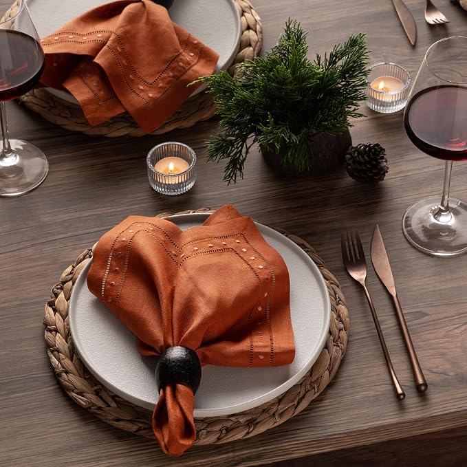 Linen Napkins Set of 4-100% Flax Linen Orange Dinner Napkins with Embroidered Dot 18 x 18 inch - Hemstitch Cloth Napkins Washable for Summer and Father's Day