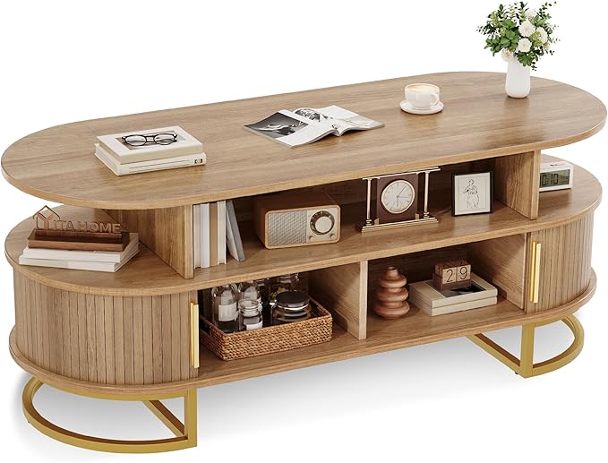 YITAHOME Coffee Table, Coffee Tables for Living Room with Sliding Doors & Large Storage, Modern Wooden Coffee Table with Gold Handles, Metal Base for Living Room, Natural Oak