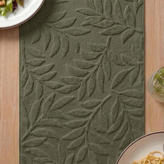 Artoid Mode Olive Green Soft 3D Jacquard Leaves 100%Cotton Spring Table Runner, Holiday Kitchen Dining Table Decoration for Home Party Decor 13x72 Inch