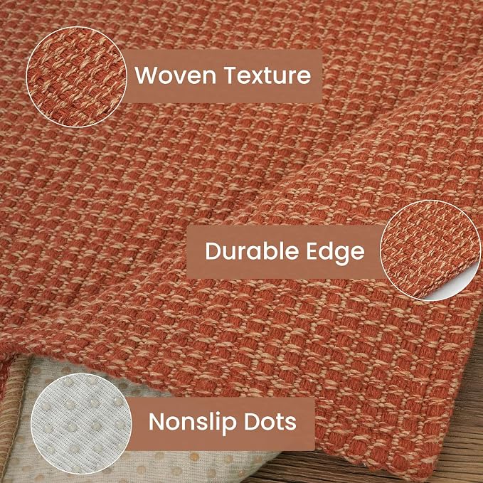 IOHOUZE Washable Runner Rug 2.6x10 Non Slip Rubber Backed Long Hallway Runner Entryway Runner Indoor, Kitchen Rugs Woven Cotton Floor Carpet for Hall Entrance, Burnt Orange/Tan