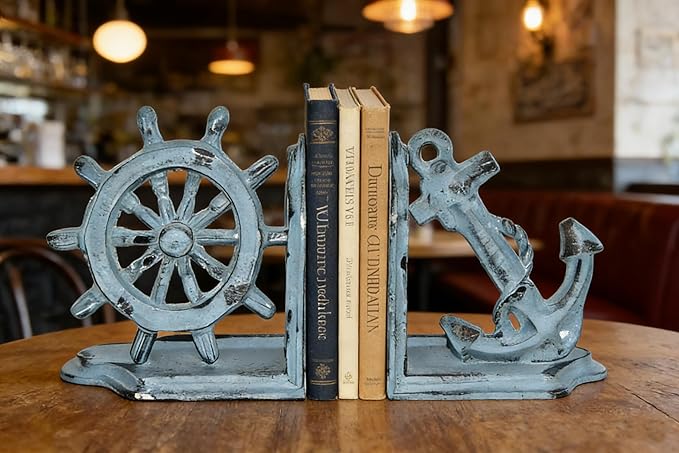 Anchor Bookends Decorative, Anchor and Nautical Ship Wheel Bookends Set,Heavy Duty Cast Iron Book Holder, Book Ends for Shelves Living Room Home Office, Antique Blue, 1 Pair/2Pieces (Antique Blue)