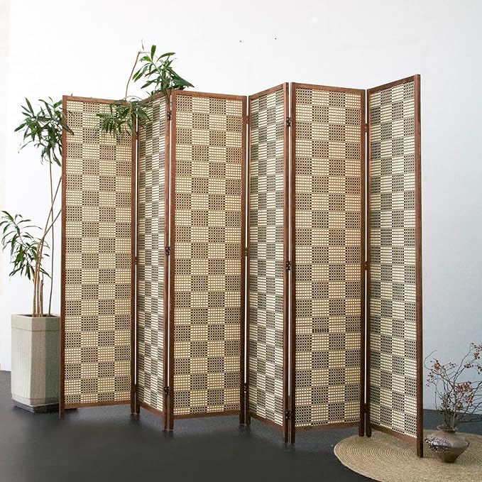 Furnnylane 6 Panel Bamboo Room Divider – 5.6 ft Tall Double-Sided Folding Privacy Screen, Freestanding Wall Partition for Home Office & Bedroom, Gray Brown Woven Texture, Easy Setup (67" H x 94.5" W)