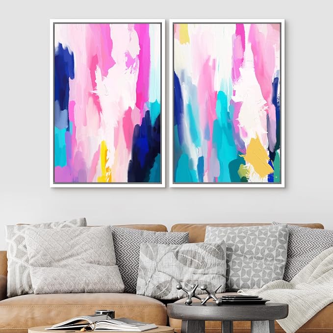 SIGNLEADER Framed Canvas Print Wall Art Set Vibrant Pink Teal Pastel Collage Abstract Shapes Digital Art Modern Art Decorative Minimal Relax/Zen for Living Room, Bedroom, Office - 16"x24"x2 WHITE