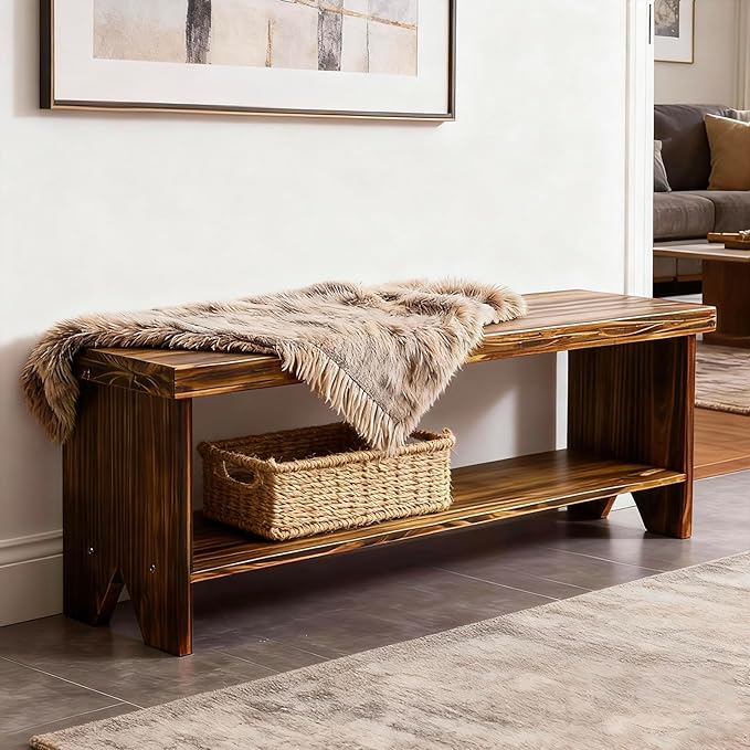 43" Solid Wood Farmhouse Bench, Entryway Bench with Storage Shelf, Vintage Long Rustic Indoor Bench for Bedroom, Entryway, Hallway, Dining