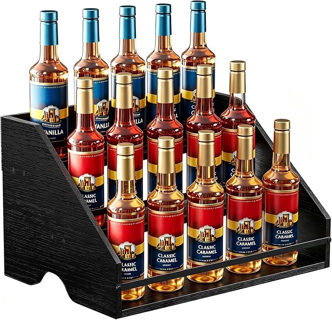 Nuovoware Coffee Syrup Rack, 3-Tier Syrup Bottle Organizer with Side Handles, 15 Bottles Capacity for Coffee Syrup, Countertop Storage Holder with Iron Frame and Wooden Base, Black