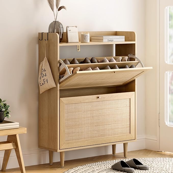EYYTHUNG Rattan Shoe Cabinet with 2 Flip Drawers, Mid Century Modern Shoe Organizer, Boho Wooden Hidden Slim Narrow Shoe Rack Cabinet for Entryway, Hallway, Natural Oak