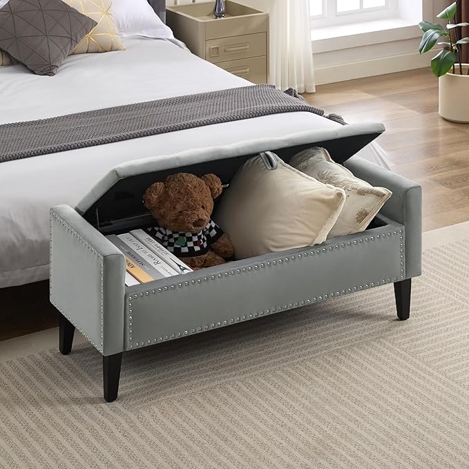 WUTUTUEE 47" Velvet Storage Bench, Upholstered Bed Bench with Storage, End of Bed Ottoman with Wooden Legs,Bedside Storage Bench for Bedroom, Living Room, or Entryway, Dark Grey