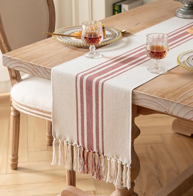 Caflife Boho Fall Table Runner for Modern Farmhouse Decor, Dining Table décor 13 x 72 Inch Long, Coffee Table Runner with Handcrafted Tassels, Rust and Beige, for Home Bohemian Decoration