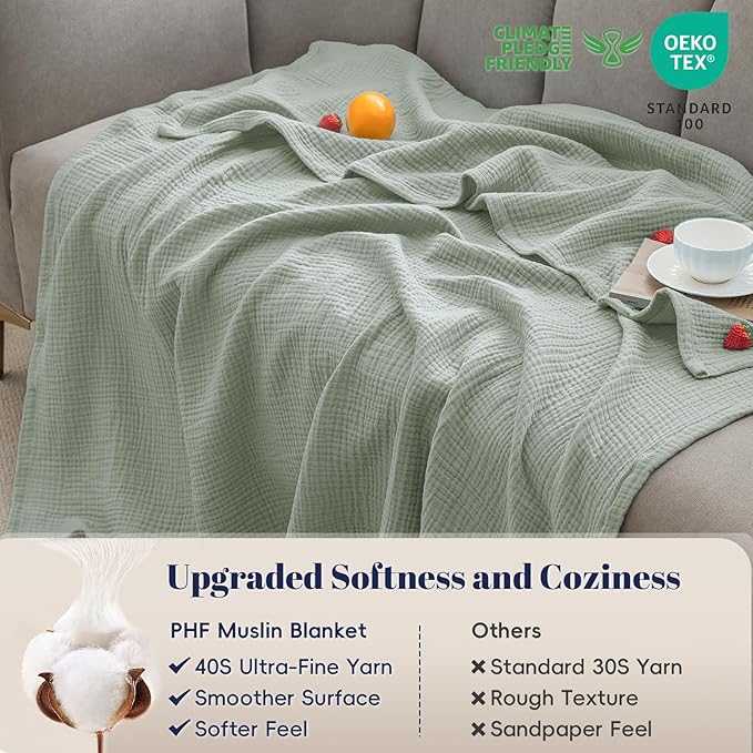 PHF 100% Cotton Muslin Throw XL Blanket Large 50" x 70", 4-Layer Lightweight Gauze Throw, Breathable Cloud-Soft Minimalist Blanket for Bed, Couch, Camping, Sage Green, Ideal Gift