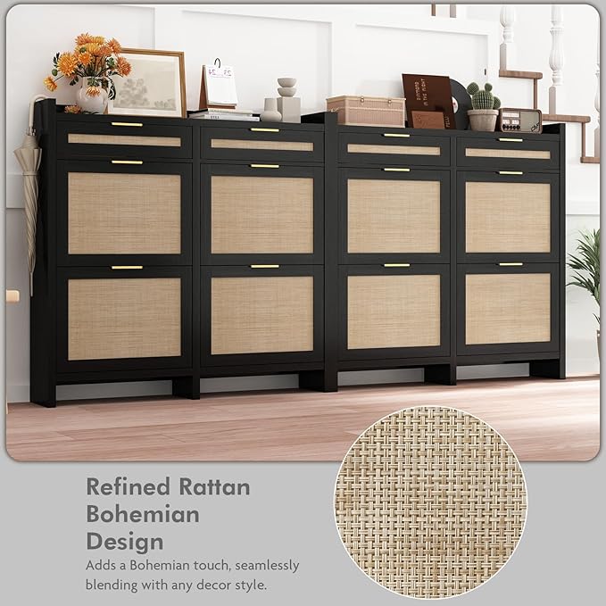 Shoe Organizer Cabinet Storage for Entryway - Slim Rattan Shoe Rack for Front Door Entrance, Narrow Hidden Shoe Cabinet with Flip Drawers, Boho Shoe Holder Cabinet, Black