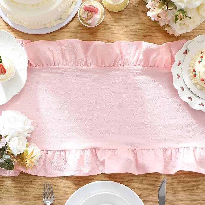 Pink Ruffled Table Runner 72 Inches Long Scalloped Table Runner Rustic Cotton Tabletop Farmhouse Decor for Baby Shower Bride Shower Birthday Party Holiday Wedding (Solid Color)