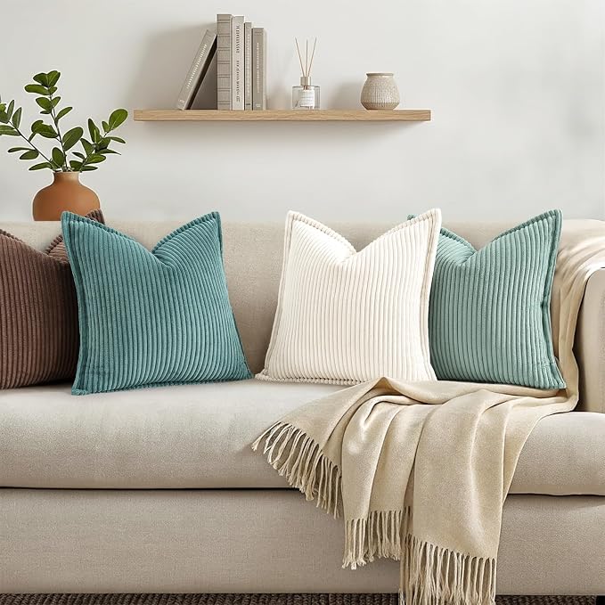 decorUhome Summer Corduroy Pure White Throw Pillow Covers 18x18 Set of 2 Decorative Soft Boho Farmhouse Couch Pillow Covers for Living Room Bed Sofa Broadside Striped Pillow Cases