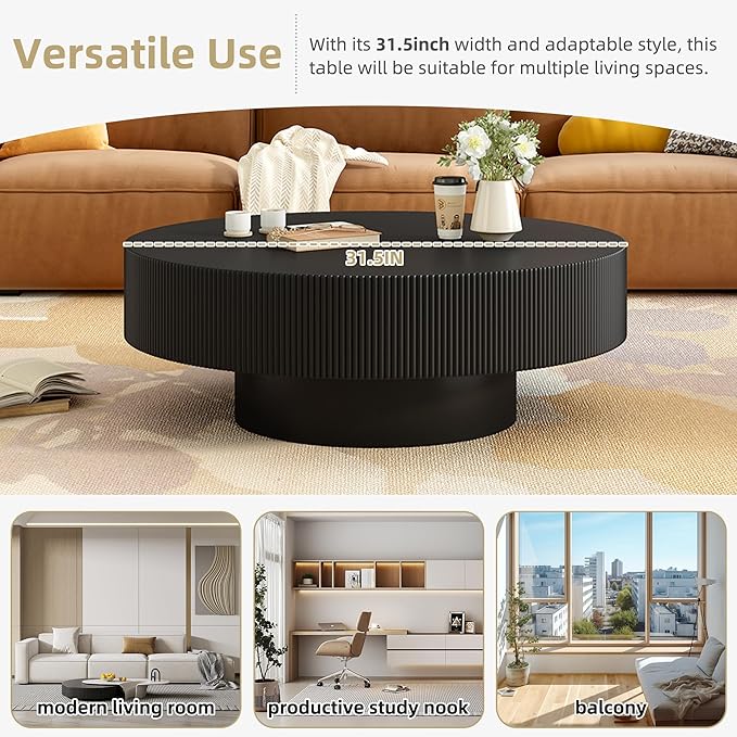 WILLIAMSPACE 31.5" Black Round Coffee Table with 6.8" Thick Tabletop & Sturdy Base, Modern Drum Center Table Circle Accent Side Table for Living Room, Minimalist Fluted Design, Black