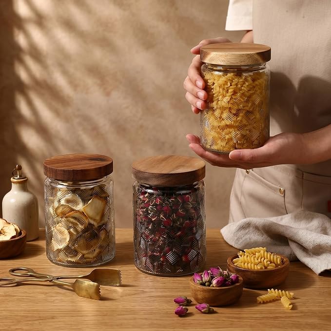 Suclain 6 Pack 23.7 oz Vintage Glass Jar with Wooden Lids Airtight Storage Food Container Jar for Kitchen Bathroom Pantry Decorative Vintage Canister for Coffee Beans, Brown Sugar(Sector)