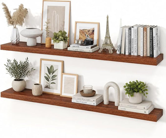 Floating Shelves for Wall, 9.3" Deep Wall Mounted Wood Shelves for Bathroom, Bedroom, Living Room, Kitchen, Hanging Shelf for Books/Storage/Room Decor (Walnut, 55")