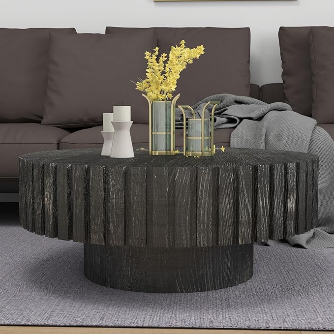 Round Wood Coffee Table for Living Room Modern Rustic Fluted Solid Wood Coffee Table Pedestal Center Table Circle Tea Tables for Apartment Easy Assembly(31.5''Antique Black)