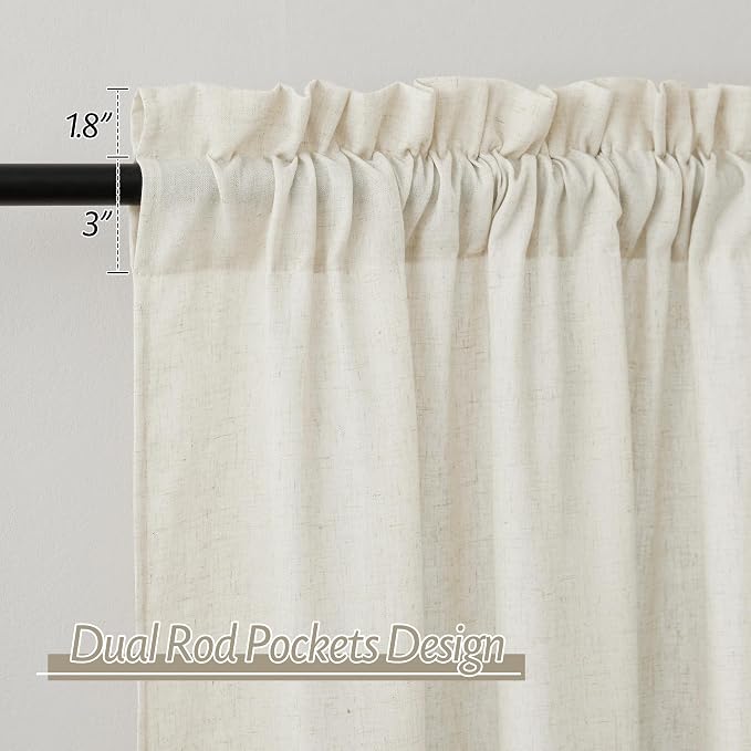 RYB HOME Linen Blend Curtains 63 inch Length - Semi Sheer Curtains & Drapes Light Filtering for Bedroom Bathroom, 52" W x 63" L, 2 Panels