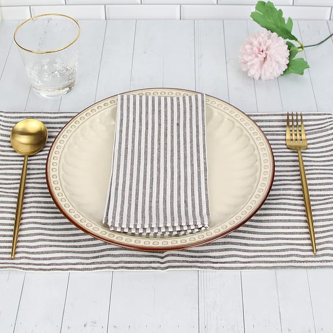 Plain Striped Cotton Linen Blended Dinner Cloth Napkins - Set of 12 (17 x 17 inches) - for Events & Home Use (Brown)