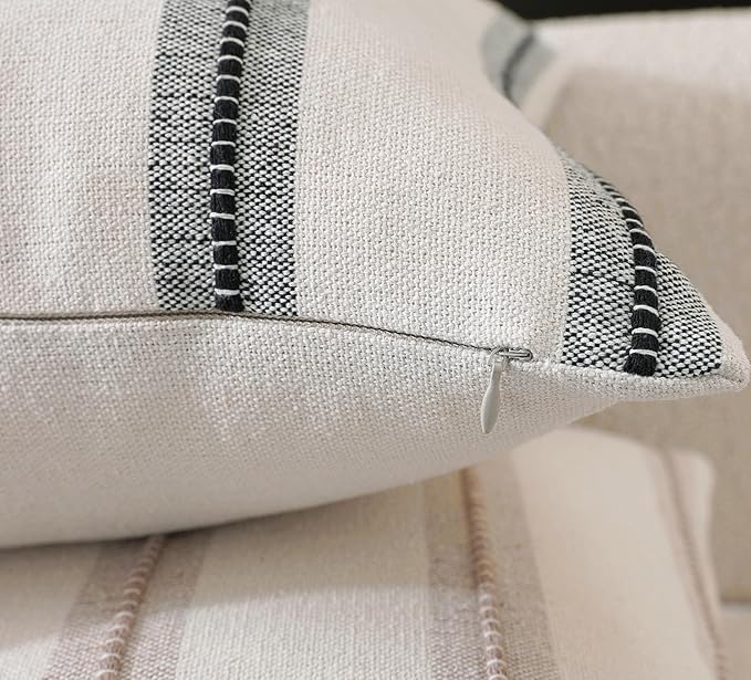 Cethom Boho Throw Pillow Covers 20x20 Set of 2, Beige and Black Striped Decorative Pillow Cases for Couch Chair Bed, Textured Farmhouse Accent Cushion Covers for Living Room Bedroom Sofa Home Decor