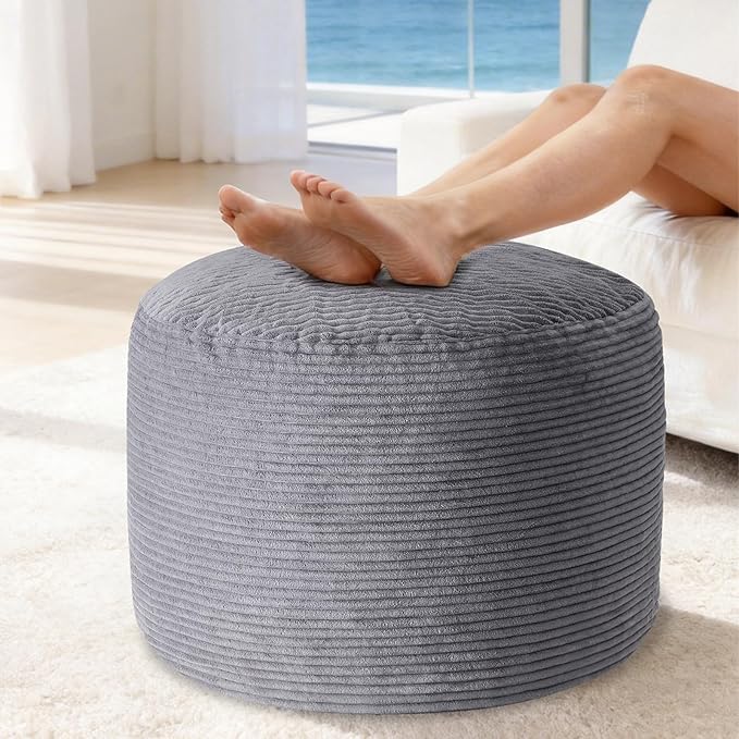 26" x 26" x 22" Large Stuffed Pouf Ottoman, Round Foot Rest with Odorless Filling, Soft & Cozy Corduroy Foot Stool for Living Room, Bedroom, Office, Room Decoration (Dark Grey)