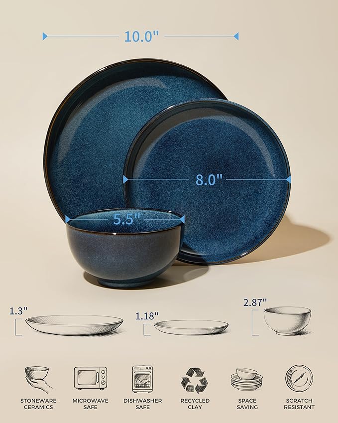 Pokini Stoneware Dinnerware Sets for 6, 18 Pieces Ceramic Plates and Bowls Sets, Chip and Scratch Resistant Dish Set, Dishwasher & Microwave Safe Plate Set, Starry Blue