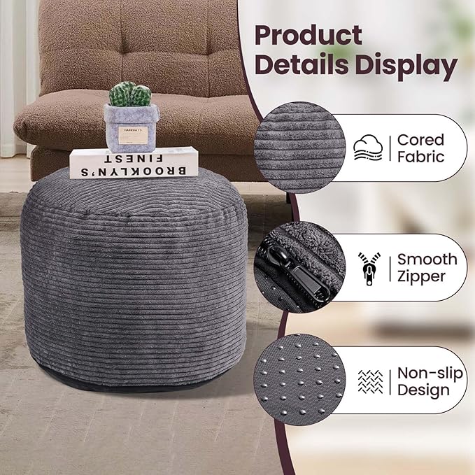 Round Pouf Ottoman Foot Rest with Foam Chunk Filling, Corduroy Ottomans for Living Room Floor Poufs (20"x15",Dark Grey)