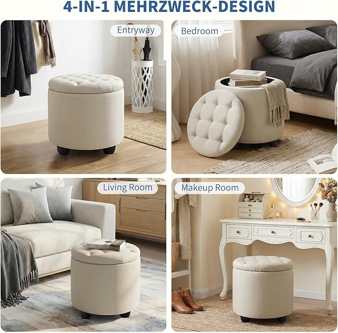 Furniliving Modern Round Storage Ottoman,Button Tufted Ottoman Foot Stools Ottoman Footstool with Removable Lid Storage Ottoman for Living Room, Bedroom, Makeup Room，Beige