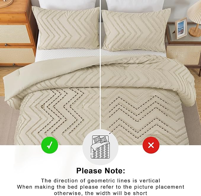 Andency Light Khaki California King Comforter Set, Boho Cal King Soft Warm Tufted Neutral Bedding Comforter Sets, 3 Pieces Cali King Aesthetic Chevron Farmhouse Cute Bohemian Textured Bedding Set