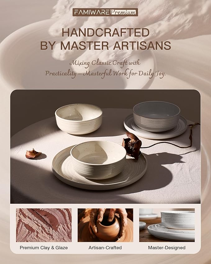 24-Piece Stoneware Dinnerware Set – Flared Plates and Bowls with Reactive Glaze, Speckles & Spirals, Chip & Scratch Resistant Dishes, Dishwasher Safe, Service for 8, Gift Box, White