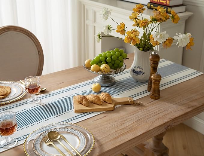 Caflife Boho Table Runner Blue and White for Modern Farmhouse Decor, Natural Cotton Woven Runner with Tassels for Home Dining Table décor 13 x 108 Inch Long