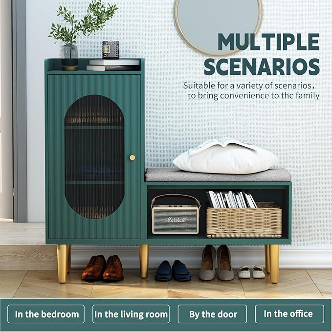 HLR Storage Bench Set of 2, Green Modern Entryway Shoe Cabinet Bench with Glass Door&Shelf, L-Shaped Storage Cabinet with Padded Seat for Hallway, Bedroom, Living Room, Office